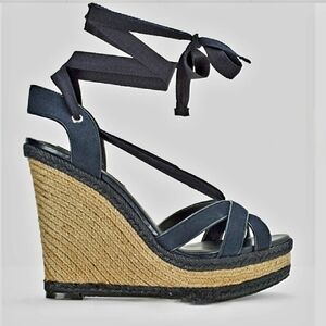 White House Black Market Navy Blue Espradille Ankle-Wrap Wedge Sandals Size 6.5